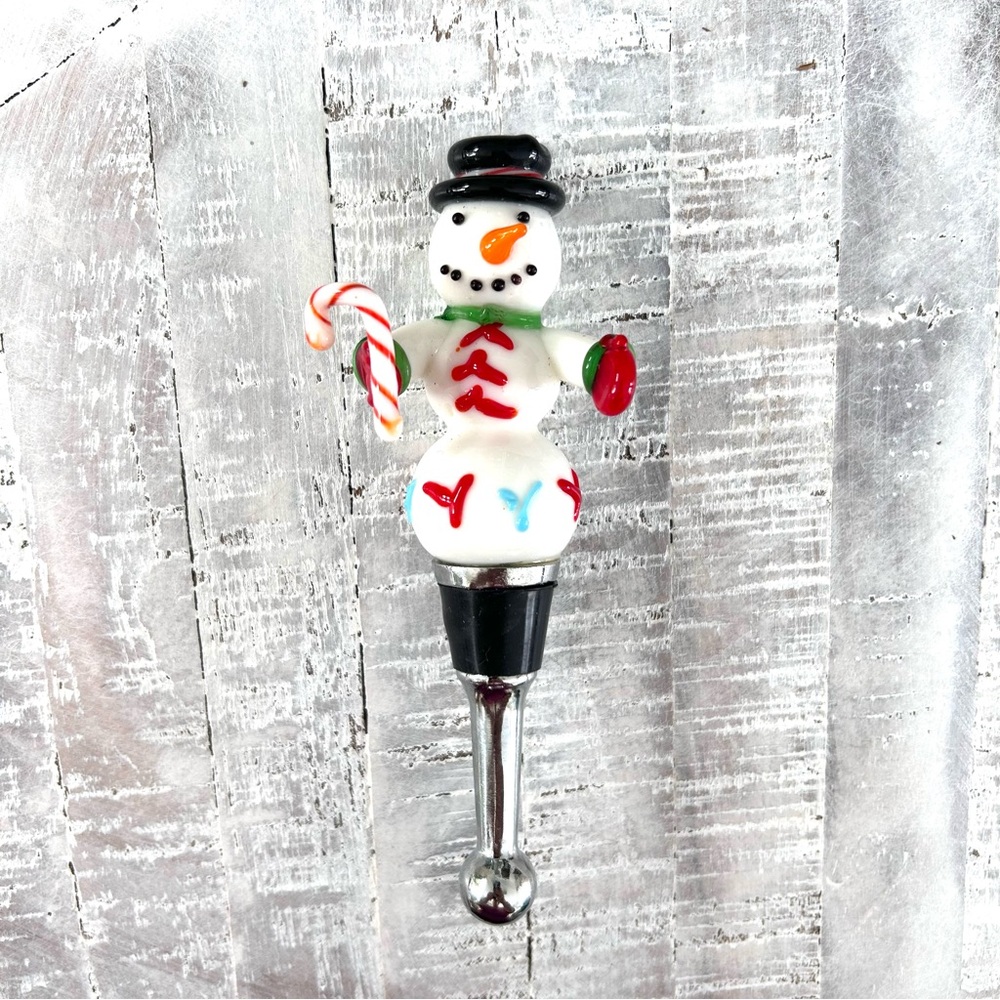 Art Glass Snowman Candy Cane Bottle Wine Stopper Christmas